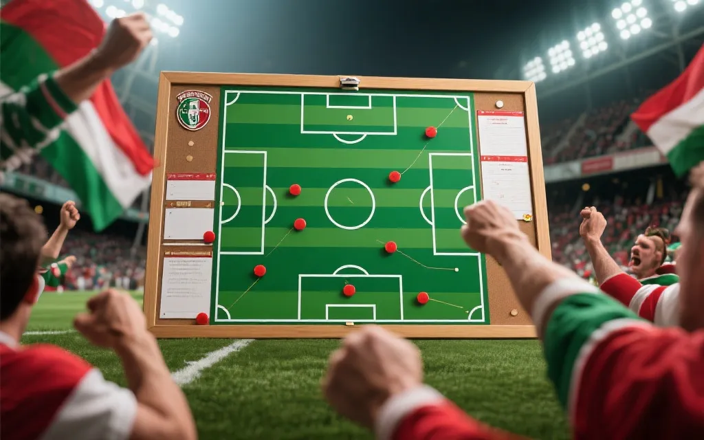 世界杯决赛夜的战术板与绿白红配色的球迷元素，理性与情怀并置
